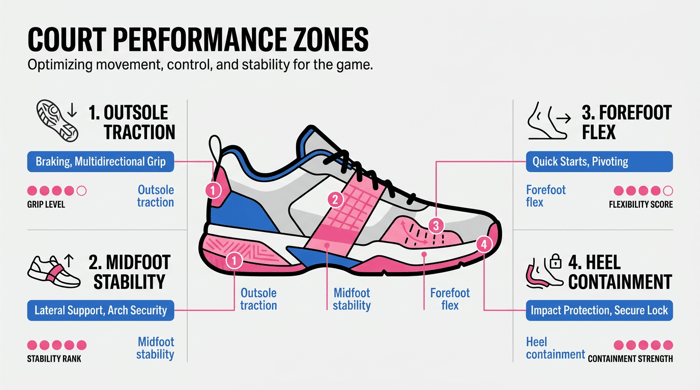 Infographic of a court shoe with labeled performance zones (outsole traction, midfoot stability, forefoot flex, heel containment) and callouts linking each zone to movements like lateral cuts, braking, and quick recovery steps. Clean flat-vector style with color-coded highlights and simple strength indicators for each zone.