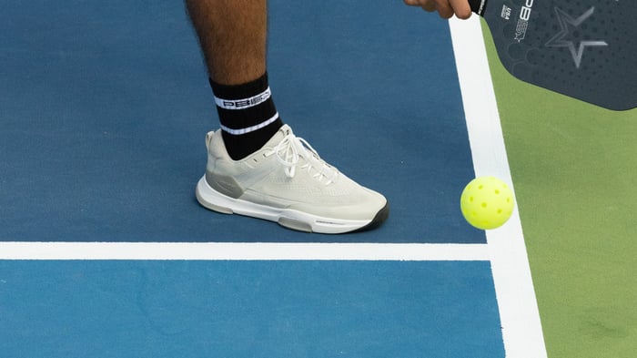 Pickleball player hitting near the kitchen