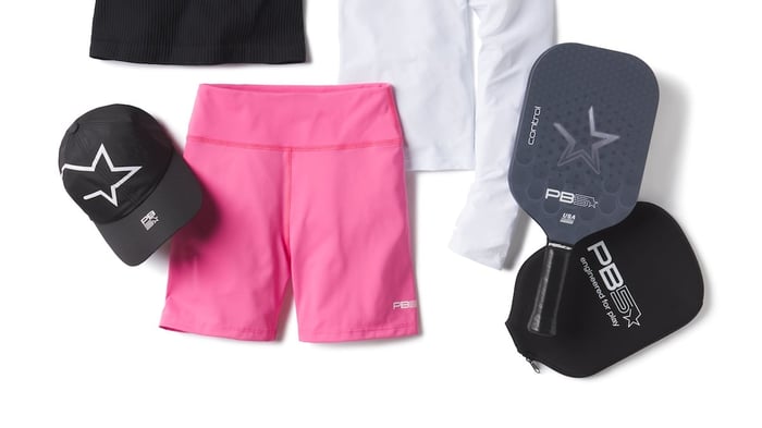 layout of trendy pickeball clothes and gear