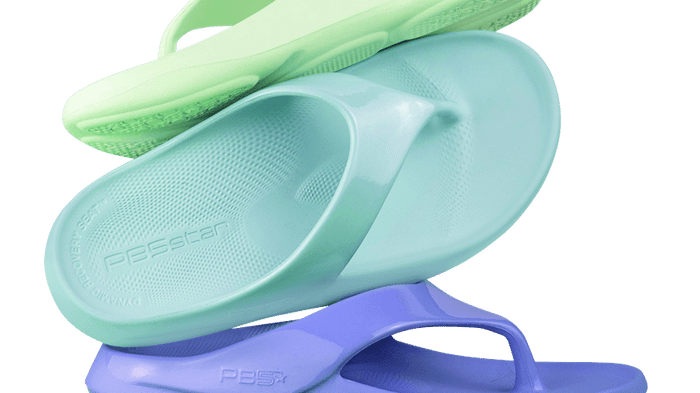 Close up shot of PB5star Après Sport Flip Flops in mint, powder blue, and lilac