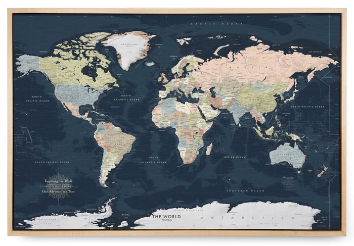 dark oceans wall map shown in frame