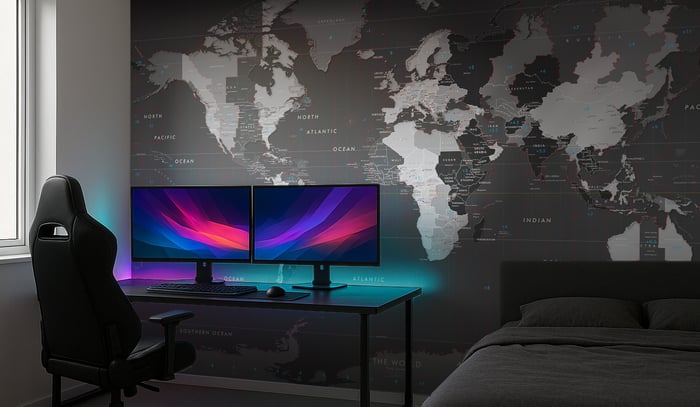 time zone world map in bedroom battle station