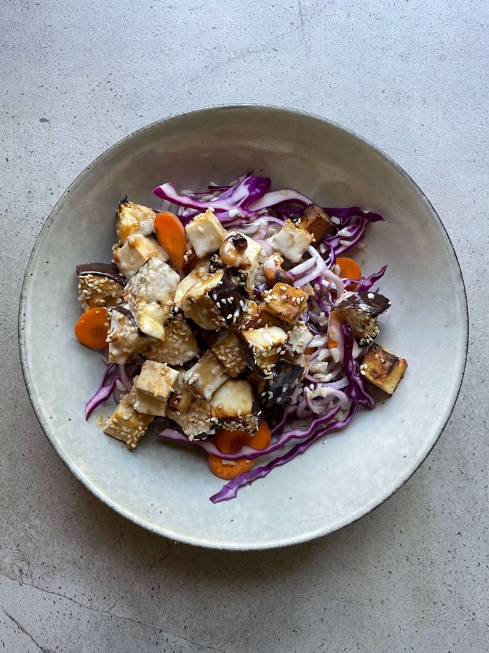 Miso Eggplant Salad Recipe with Tofu, Cashews & Rice  (V, VG, DF, GF)