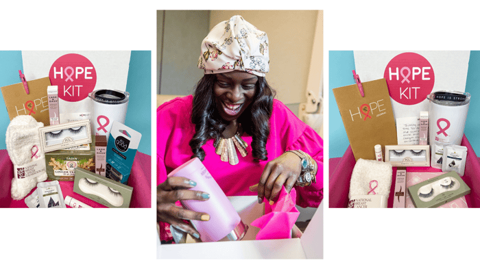 2 Images of the Hope Kits, 1 Image of a Hope Kit recipient. Hope Kits have beauty and wellness products.