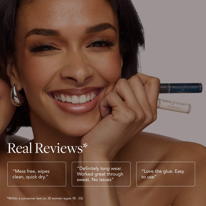 model holding House of Lashes clear lash glue. Image showing real feedback