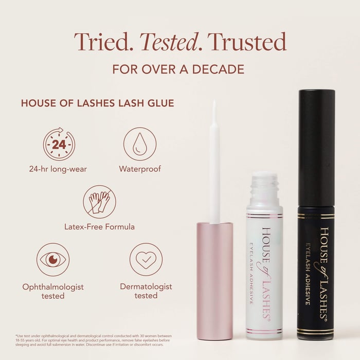 House of Lashes lash glue image with waterproof, latex-free, and 24-hour wear claims