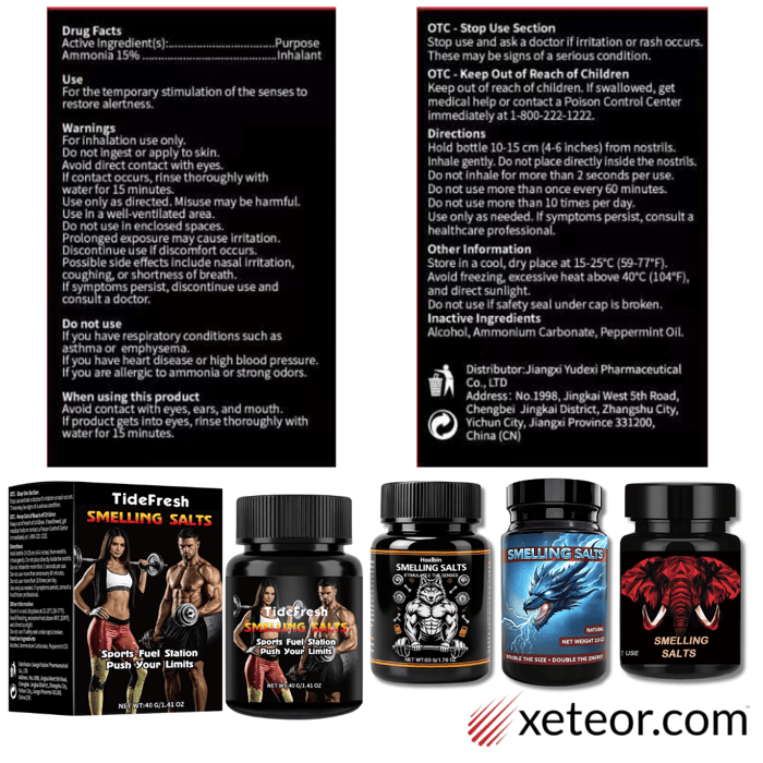 Are smelling salts safe for hockey example showing a black bottle ammonia inhalant label with NDC-style drug facts and China distributor information.
