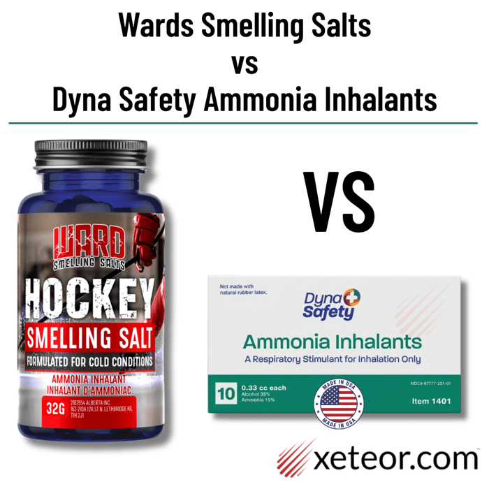 Are smelling salts safe for hockey comparison showing Ward hockey smelling salts bottle vs Dyna Safety ammonia inhalant ampules.
