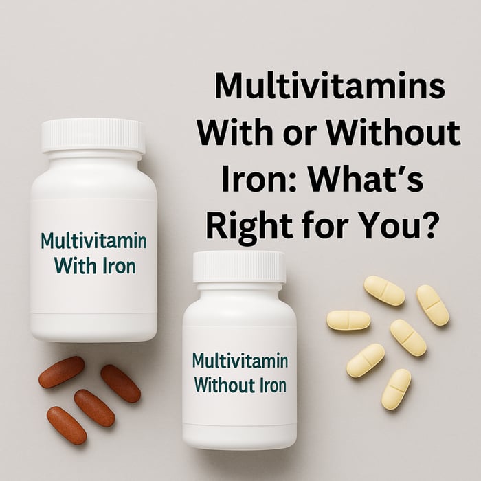 Multivitamins with or without iron shown in labeled bottles with tablets, illustrating a visual comparison for choosing the right supplement.