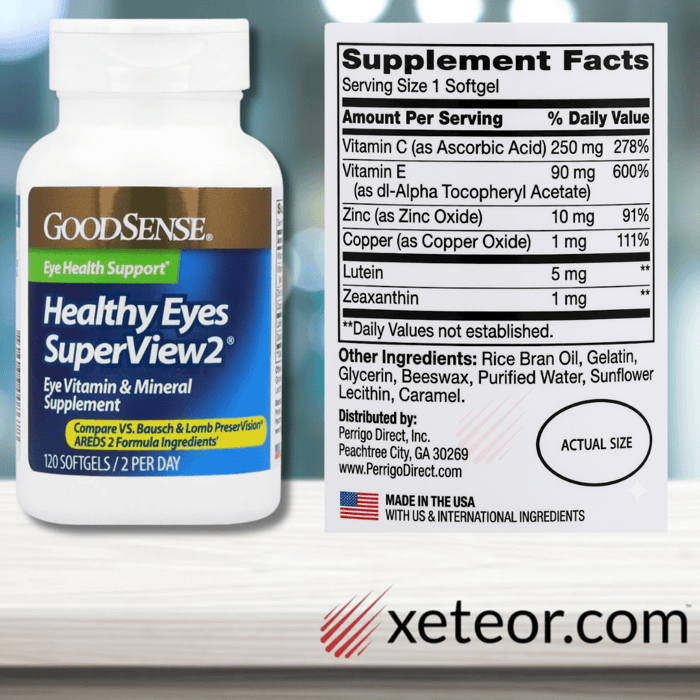 GoodSense Healthy Eyes SuperView 2 120 softgels bottle displayed next to its Supplement Facts label featuring AREDS 2 formula ingredients, presented on a light wood surface with the xeteor.com logo.