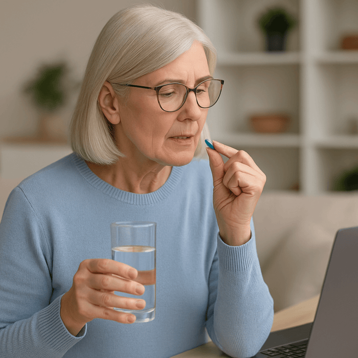Older woman holding a tablet while deciding between senior multivitamins, representing the CertaVite Senior vs Antioxidants comparison.