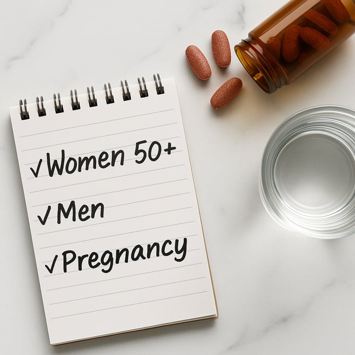 Checklist showing multivitamins with or without iron for women over 50, men, and pregnancy support, with supplements and water on a marble surface.