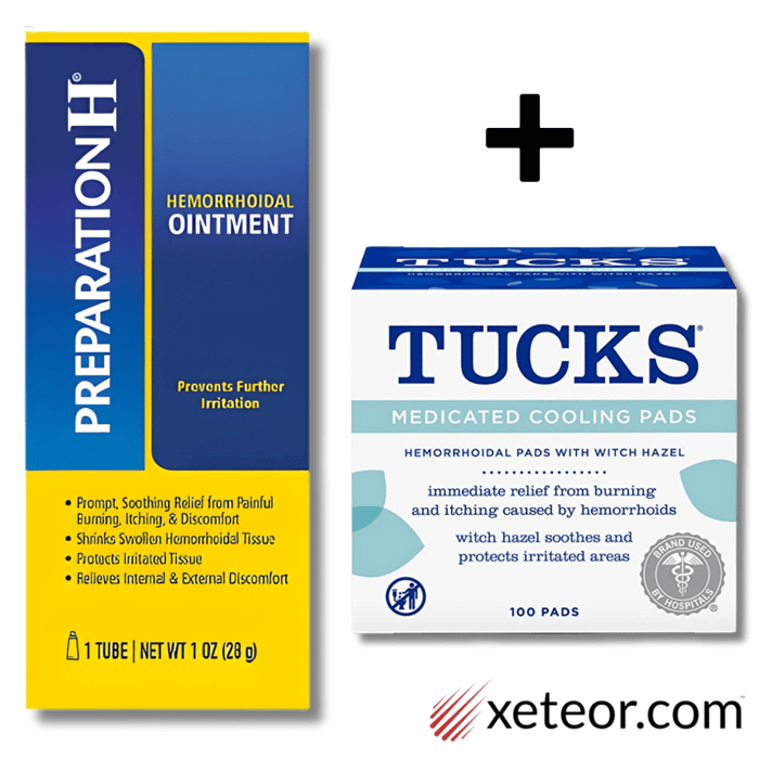 Xeteor expert guide image for Preparation H vs Tucks Pads, showing how to use Preparation H Ointment (to shrink) plus Tucks Pads (to soothe) together for complete relief.