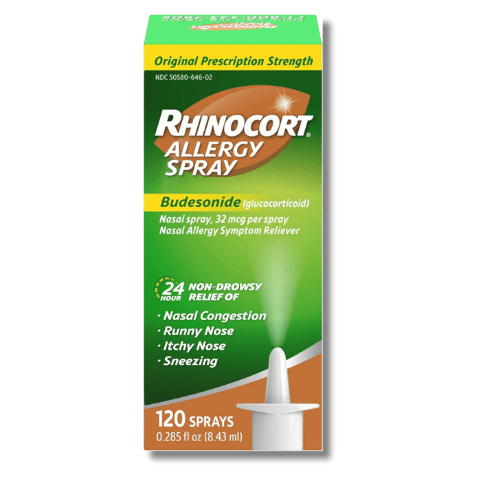 Rhinocort Nasal Spray bottle with budesonide 32 mcg for allergy relief