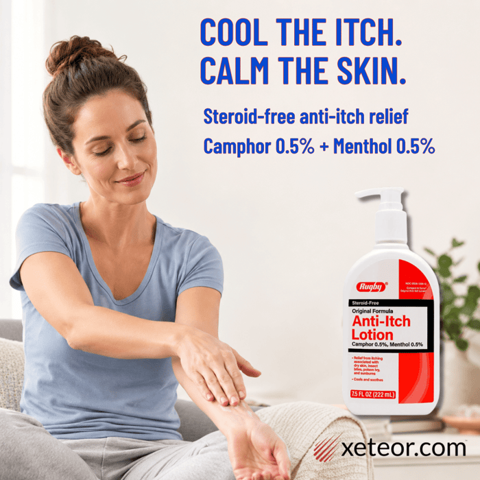 Woman applying anti-itch lotion to her arm in a home setting, representing Rugby Anti-Itch Lotion with camphor 0.5% and menthol 0.5%