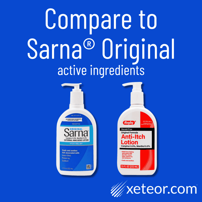 Sarna Original and Rugby Anti-Itch Lotion comparison graphic showing both bottles side by side with text saying compare to Sarna Original active ingredients.