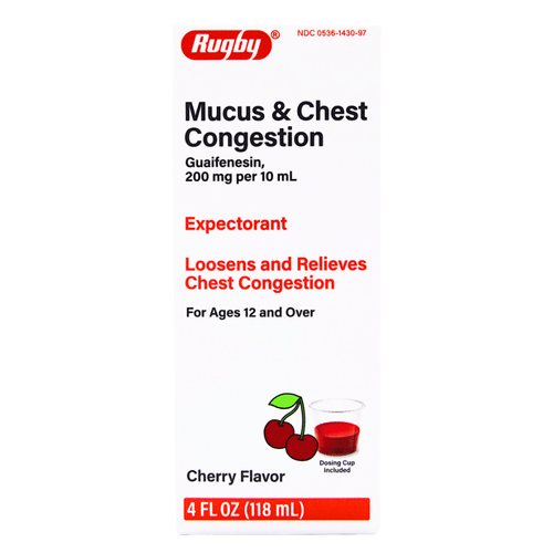 Rugby Mucus & Chest Congestion Guaifenesin 200 mg Cherry Flavor Cough Syrup Bottle