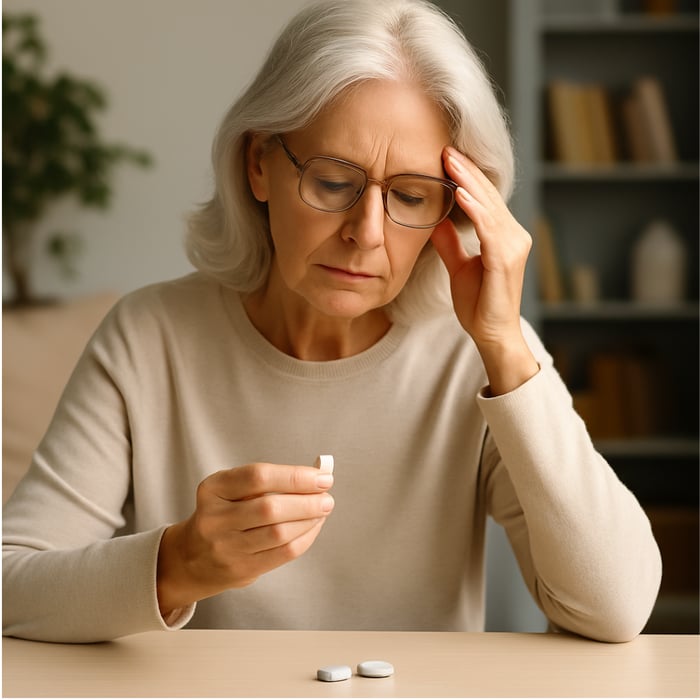 A senior woman looking at light gray tablets, deciding between multivitamin options.