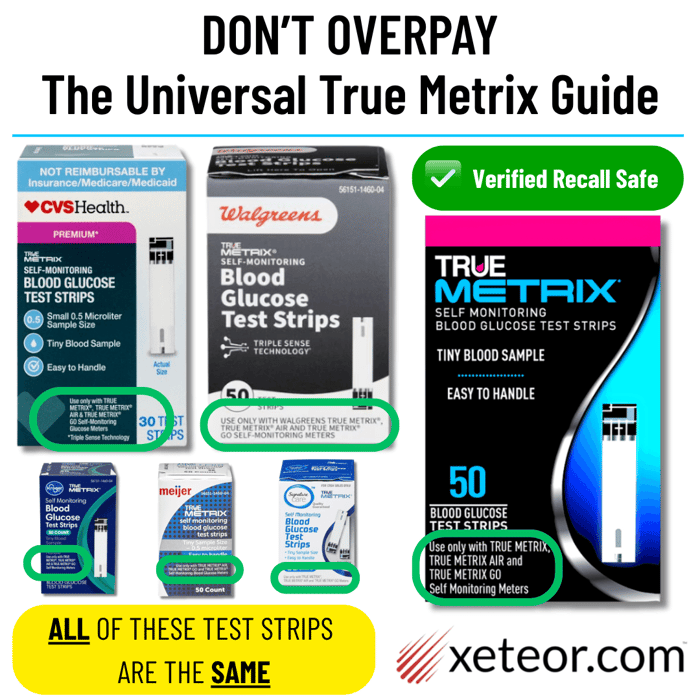 True Metrix test strips compatibility guide for CVS, Walgreens, Kroger, and Meijer meters. 100% recall safe factory-direct strips.