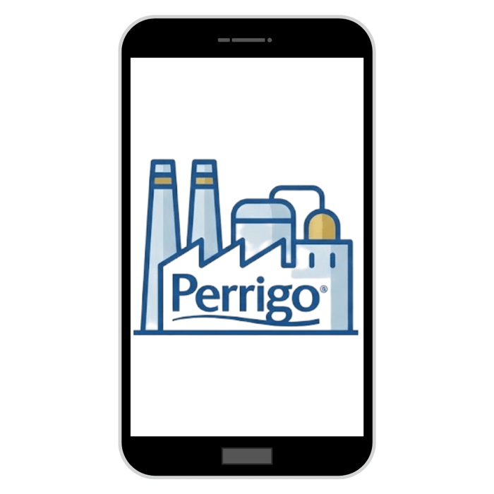 Perrigo factory logo on smartphone screen illustrating the manufacturing source for Xeteor Tier 1 Premium Generics.