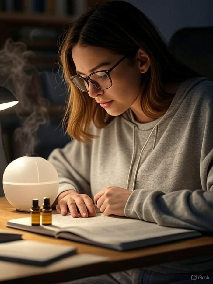 A young woman with shoulder-length wavy brown hair, wearing black-rimmed glasses and a low-cut gray hoodie that accentuates her large breasts and shows cleavage, intently studies from an open textbook at a wooden desk in a brightly lit study room.