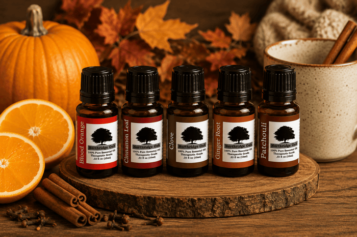 Northridge Oak pumpkin spice essential oils with Blood Orange, Cinnamon Leaf, Clove, Ginger Root and Patchouli