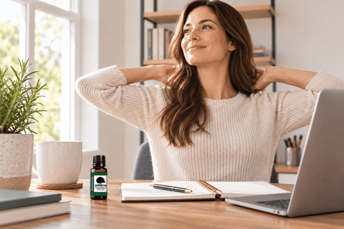 Rosemary essential oil for energy and mental fatigue during an afternoon work reset