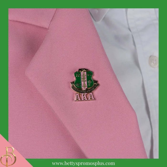 Gold plated Alpha Kappa Alpha lapel pin featuring 3D color shield with AKA letters and butterfly closure