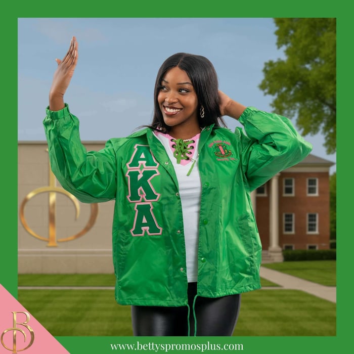 Green Alpha Kappa Alpha Line Jackets with pink and green AKA Greek letters