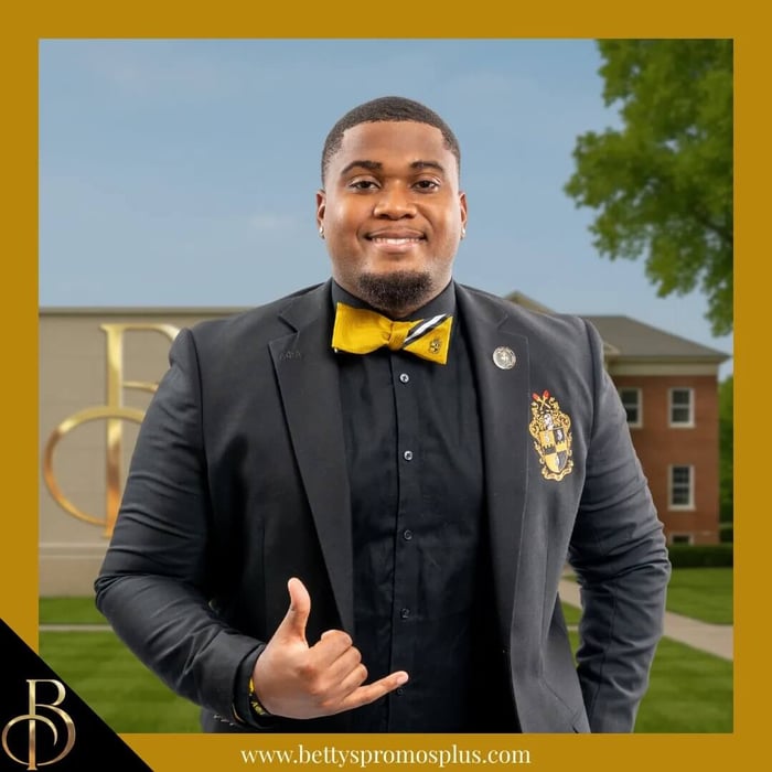 Alpha Phi Alpha bow tie and pocket square combo with shield design in black and gold