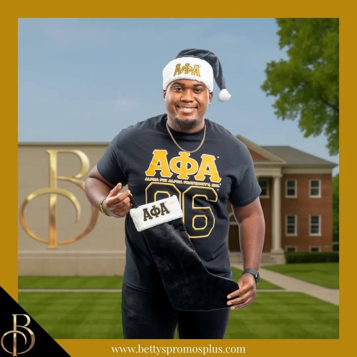 Black Alpha Phi Alpha deluxe Santa hat with embroidered ΑΦΑ Greek letters for holiday celebrations