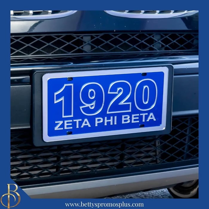 Laser engraved mirrored acrylic Zeta Phi Beta license plate featuring 1920 founding date in blue and silver