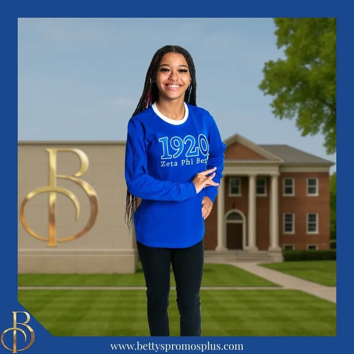 Premium blue long sleeve Zeta Phi Beta shirt with embroidered letters and 1920 founding date on sleeve