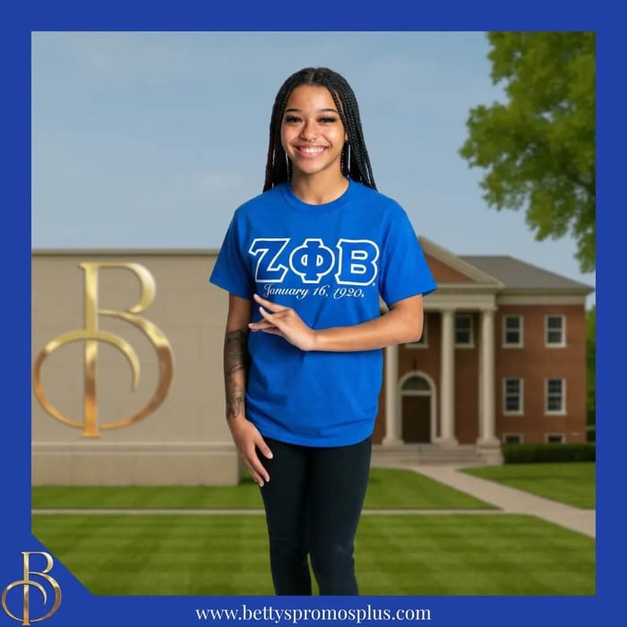 Blue Zeta Phi Beta Founders Day t-shirt featuring Greek letters and 1920 founding date screen printed design