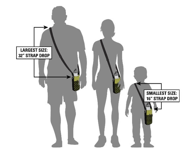 A photo showing 3 people, large, medium and small. Largest size 32 Inch strap drop from shoulder, smallest size, 16 inch strap drop.