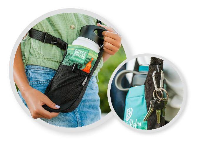 Two images, one showing a bottle in the sling at a woman's hip and another showing keys hanging onto the strap with a carabiner.