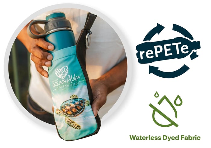 Image of product along with rePETe recycled content logo and waterless dyed fabric logo.