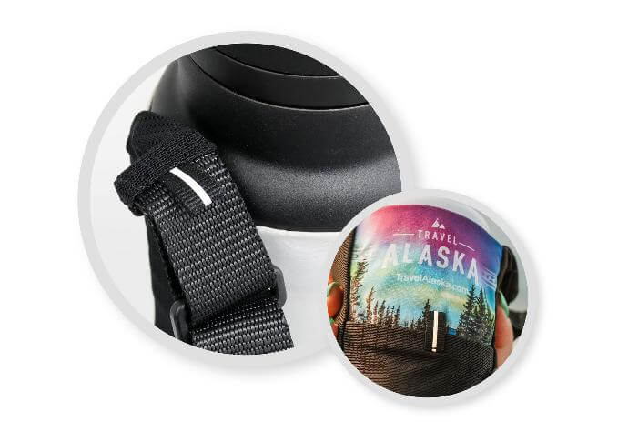 Image showing reflective tab for carabiner and reflective tab at top of phone pocket.