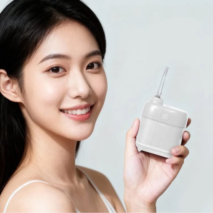 一位露出自信笑容的年輕女性,手持展示一款白色微型口袋型便攜式沖牙機,呈現乾淨健康的形象