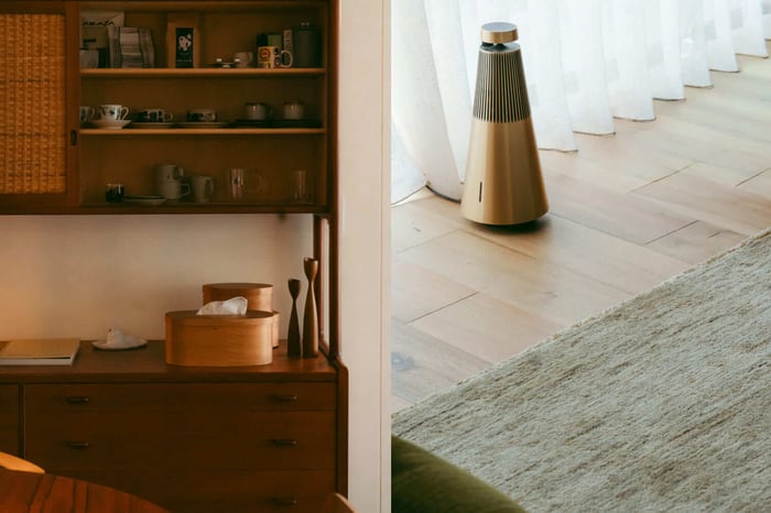 收納器物的柚木老件邊櫃細節,旁側為 Bang & Olufsen 揚聲器,將經典美學融入音響設備