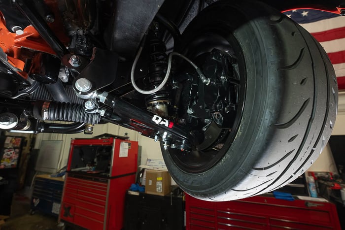Coilover mount location on the front QA1 suspension shown in detail.