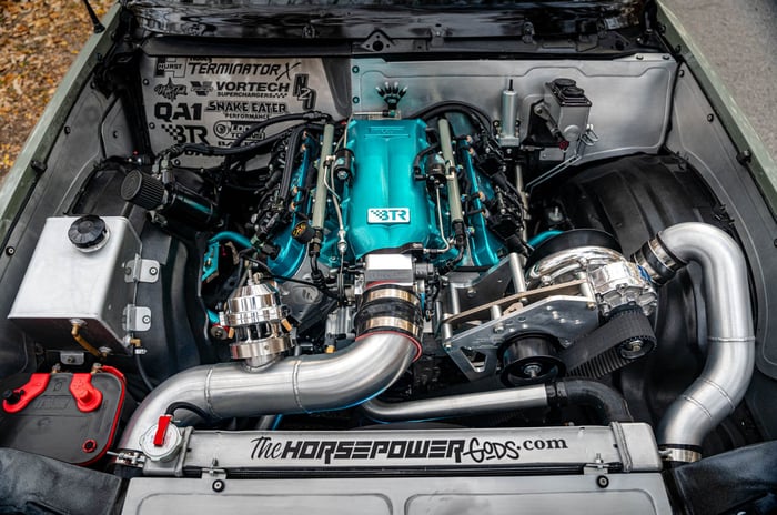 The Vortech V7-YSi-B supercharger mounted on the LS3 engine, delivering 1,000 horsepower under the hood of the Malibu.