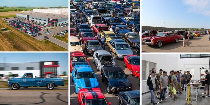QA1 open house photo collage featuring muscle cars and pickups.