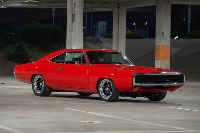 Front three-quarter view of the 1970 Dodge Charger in Viper Red.