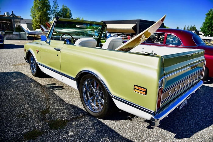 Rear three-quarter angle emphasizing the wide tire stance and smoothed bodywork.