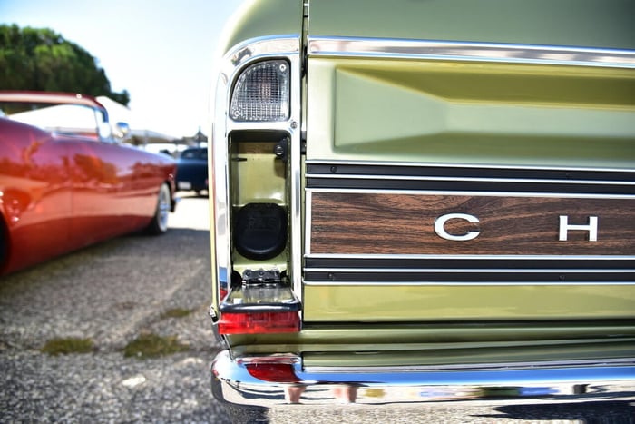 etailed shot of the tailgate lettering and restored trim work.