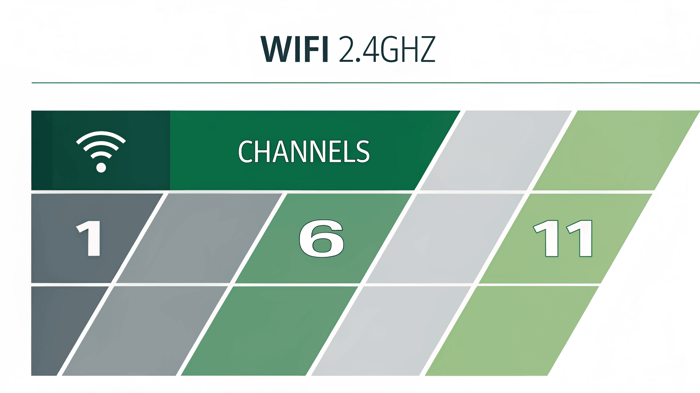 2.4GHz WiFi channel diagram showing channels 1, 6, and 11 as the three non-overlapping channels