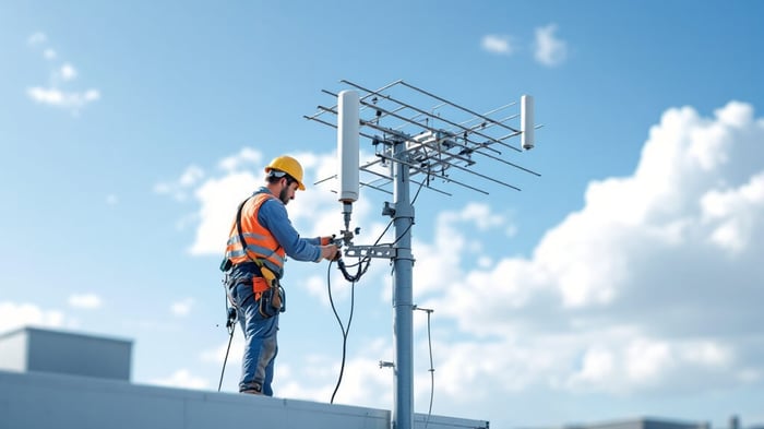 Technician mounting an outdoor fiberglass antenna to a galvanized pole using a U-bolt antenna mount and stainless steel L-bracket