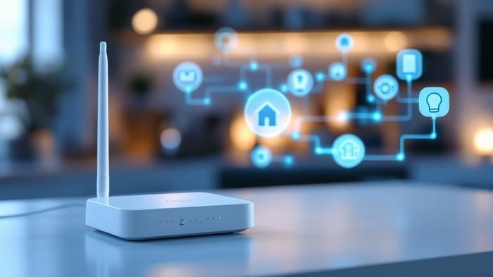 ZigBee 2.4 GHz antenna and IoT gateway hub connected to smart-home sensor nodes in a wireless mesh network