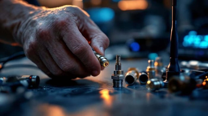 Technician attaching an N-type coaxial connector to a low-loss antenna cable, with SMA, TNC and BNC connectors nearby